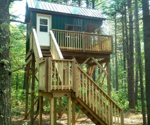green-metal-cabin-with-porch-staircase-nestled-in-trees